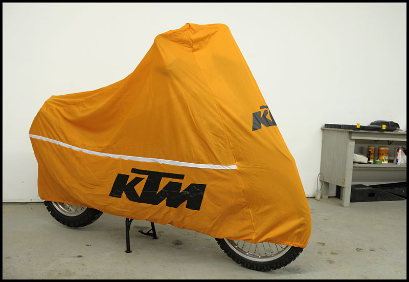 KTM 950 Adventure covered up for indoor storage