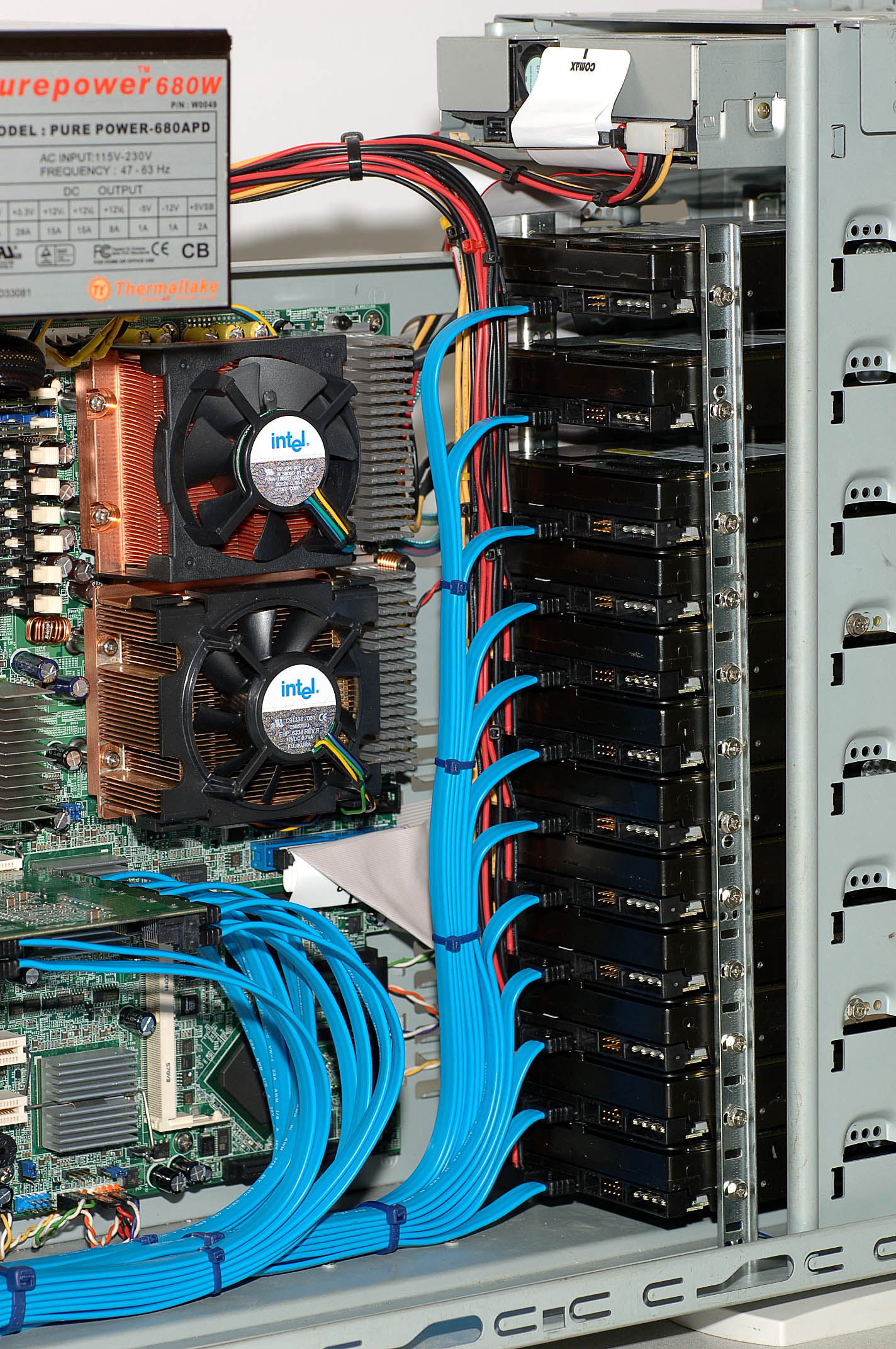 Detailed view of completed hard drive cabling